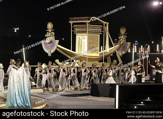 25 November 2021, Egypt, Luxor: Performers take part in the grand reopening ceremony of the Avenue of Sphinxes, known as El Kebbash Road at the Temple of Luxor