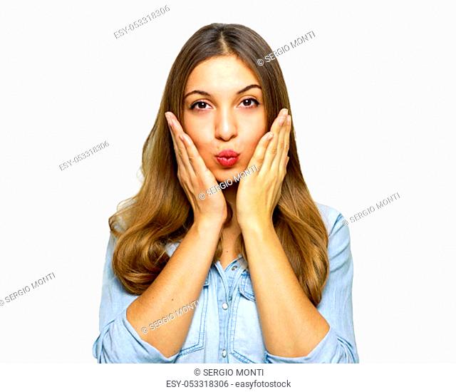 I'm waiting for your kiss! Close up portrait of beautiful cheerful woman wants to kiss you isolated on white background