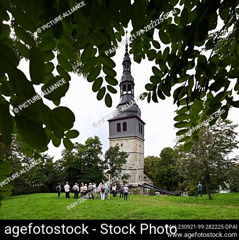 21 September 2023, Thuringia, Bad Frankenhausen: The ruins of the church ""Unser Lieben Frauen am Berge"", also called the upper church, have a leaning tower