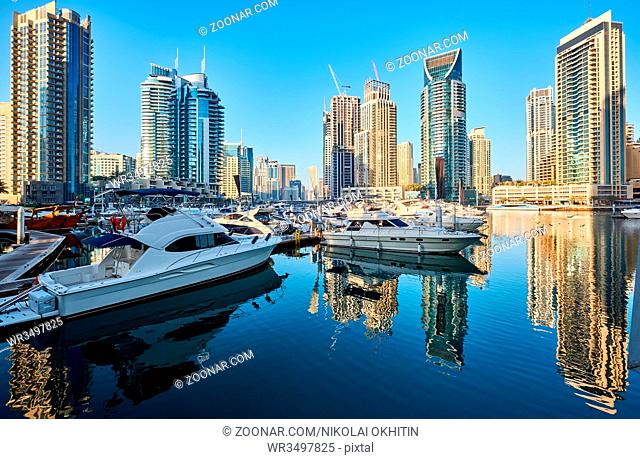 Dubai marina daytime skyline in United Arab Emirates