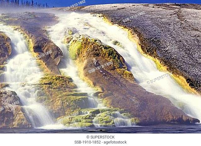 Geothermal waterfall Sulphur Caldron Yellowstone Natl Park USA Wyoming