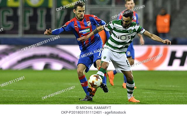 Bruno Fernandes of Sporting, right, and Tomas Horava of Viktoria in action during the second leg of the quarterfinal match of the Europe League in Pilsen