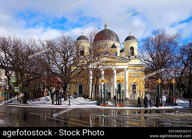 Spring day on Pestel street and Transfiguration Cathedral in St. Petersburg