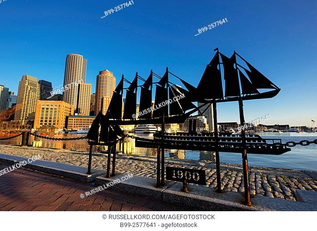 Historic Ship Sculptures Fan Pier Harborwalk Rowes Wharf Downtown Skyline Inner Harbor South Boston Massachusetts Usa