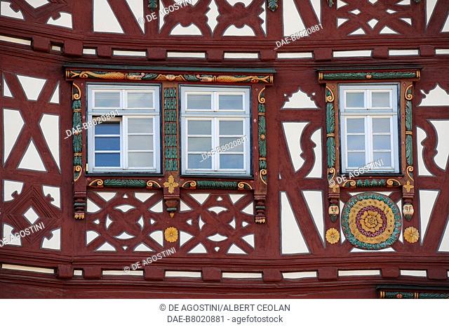 Facade of Palmsches Haus, famous half-timbered house in Mosbach, Baden-Wurttemberg, Germany, detail