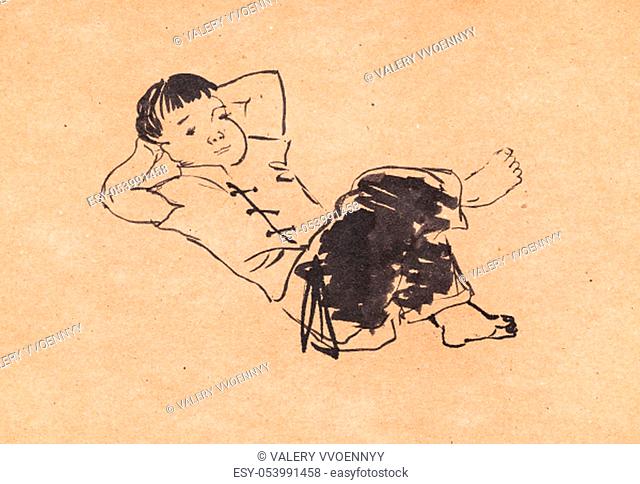 lying chinese boy hand drawn in sumi-e style by black ink on kraft paper