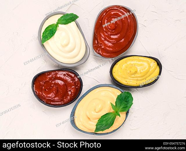 Top view of classic sauces set in trendy plates on white concrete background. Sauces set - salsa, mustard, ketchup, mayonnaise, cheese sauce