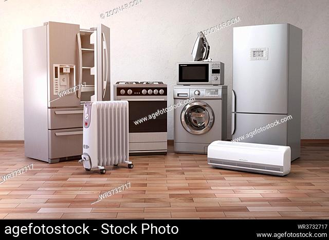 Home appliancess. Set of household kitchen technics in the new appartments or kitchen. E-commerce online internet store nad delivering of appliances concept