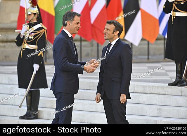 Prime Minister Alexander De Croo and President of France Emmanuel Macron pictured at the arrivals ahead of an informal meeting of the Heads of State or...