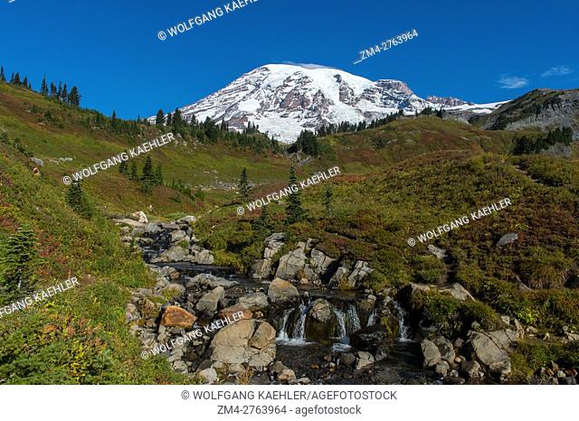 View from Paradise of Edith Creek with Mount Rainier in the background in Mt. Rainier National Park in Washington State, USA