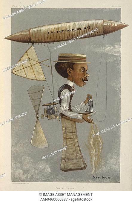 Alberto Santos-Dumont 1873-1932 Brazilian aviation pioneer  Here in his airship dirigible No  6 in which he won the Deutsch Prize in 1901  Cartoon from 'Vanity...