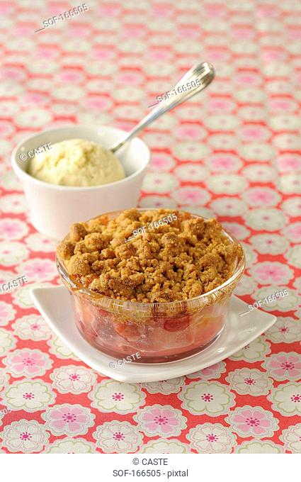 Apple, pear and cranberry crumble, verbana ice cream
