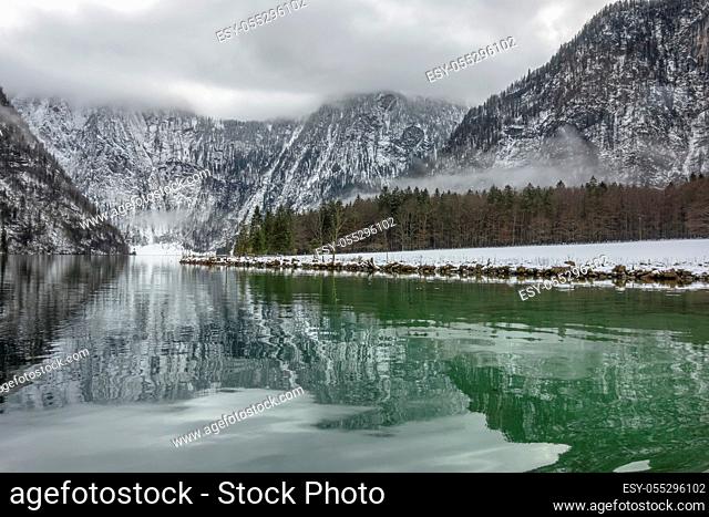 scenery around a lake named Koenigssee located in the Berchtesgadener Land in Bavaria (Germany) at winter time