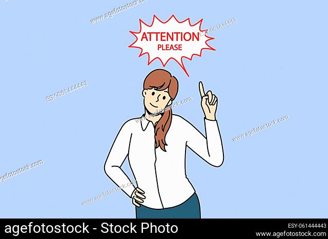 Getting attention and promotion concept. Young businesswoman standing and pointing with finger at attention please lettering sign vector illustration