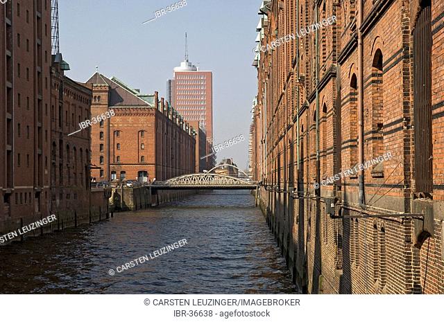 The Hanseatic Trade Center towers the old warehouses at the Hamburger Speicherstadt Germany