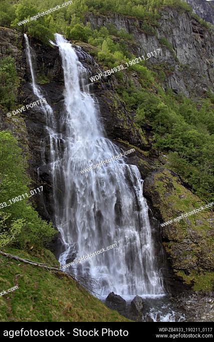 View of a waterfall near the town of Flam, Sogn Og Fjordane region of Norway, Scandinavia, Europe
