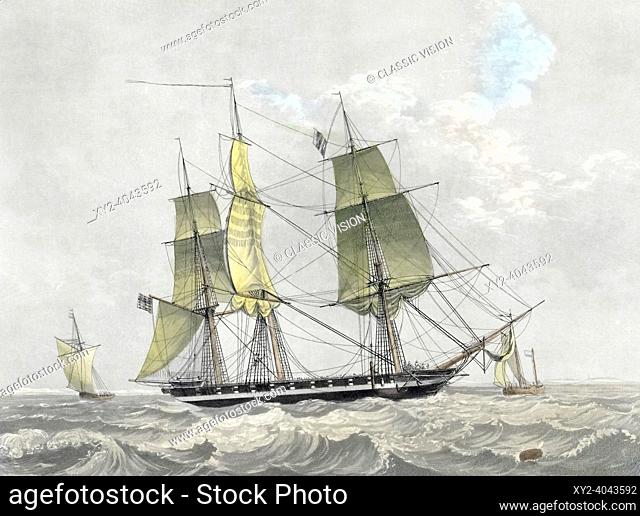 American navy corvette under sail, early 19th century. After a print by Willem Hendrik Hoogkamer from a drawing by Lieutenant van der Hart