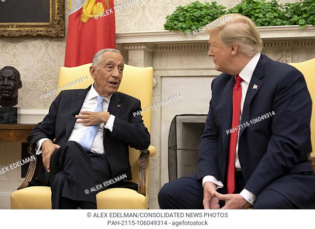 United States President Donald Trump meets with The President of Portugal Marcelo Rebelo de Sousa in the Oval Office at the White House in Washington