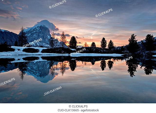 Lake Limedes photographed in late spring in the early hours of dawn, Dolomites, Belluno district, Veneto, Italy, Europe