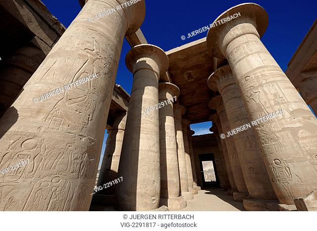 EGYPT, LUXOR, 29.03.2010, column hall, painted columns in Ramesseum, temple of Ramesses II., Luxor, Egypt, Africa - Luxor, Egypt, 29/03/2010