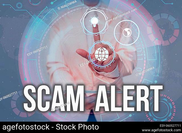 Writing displaying text Scam Alert, Word Written on unsolicited email that claims the prospect of a bargain Lady In Uniform Holding Tablet In Hand Virtually...