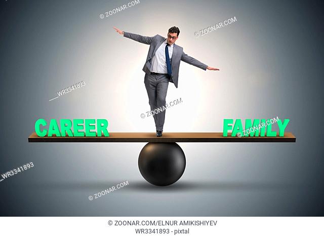 Businessman balancing between career and family in business concept