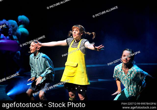 12 July 2022, Sweden, Stockholm: Actress Ida Breimo sings as Pippi Longstocking during the premiere of the circus musical ""Pippi på Cirkus"" (Pippi in the...