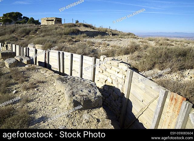 Reconstruction of a defensive position used during the Spanish civil war in Tardienta, Huesca province, Aragon in Spain