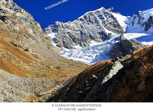 Piz Bernina glacier from Val Roseg near Capanna Tschierva hut, Engadin, Canton Grisons, Switzerland, Europe