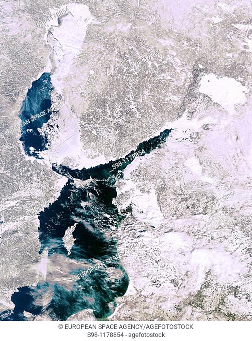 This Envisat image captures the Baltic Sea, with the northern part of the Gulf of Bothnia top, the Gulf of Finland right and the Gulf of Riga directly below...