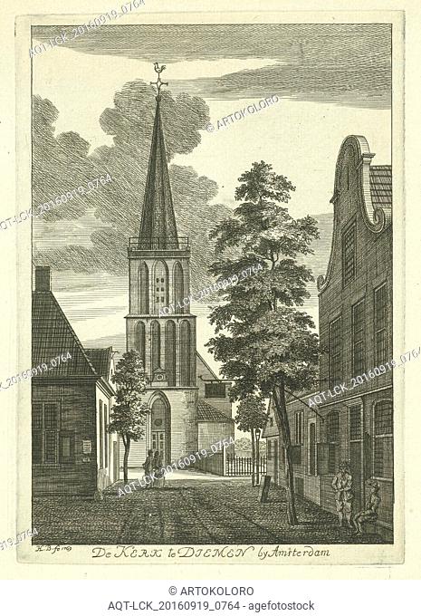 Village scene with church in Diemen, The Netherlands, Hendrik Berg, 1769