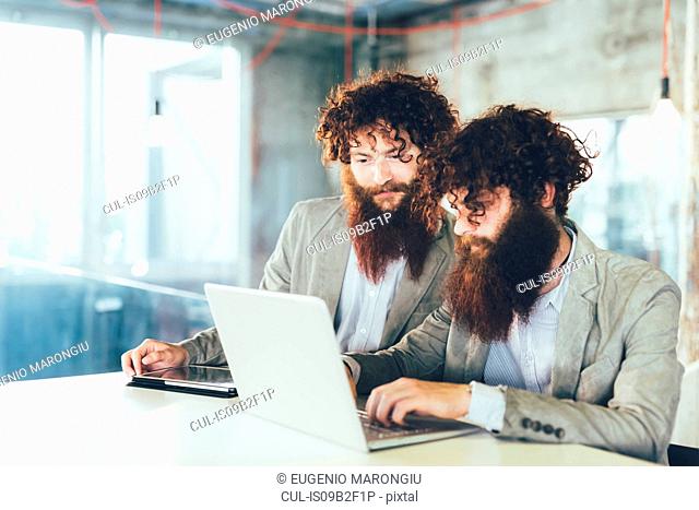 Male hipster twins working on laptop at office desk