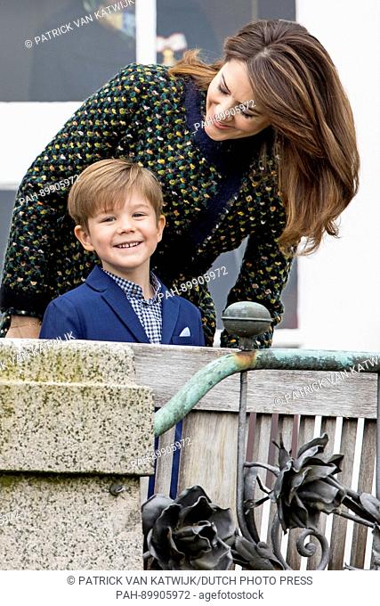 Crown princess Mary and Prince Vincent attend the 77th birthday celebrations of Queen Margrethe at Marselisborg palace in Aarhus, Denmark, 16 April 2017