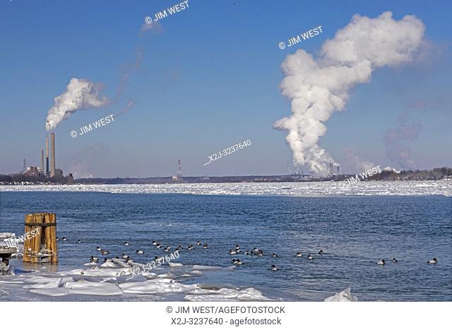 Marine City, Michigan - Coal-fired power plants and chemical plants line the ice-filled St. Clair River. Canvasback ducks swim in the open water near shore