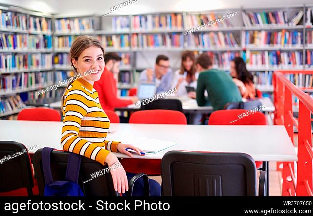 Female student taking notes from a book at library. Young woman sitting at table doing assignments in college library