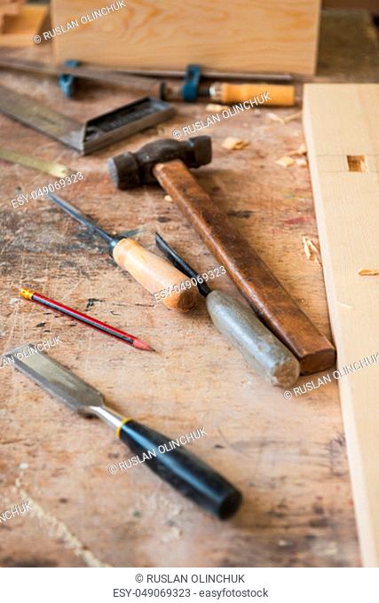 Tools for wooden work on a wooden board
