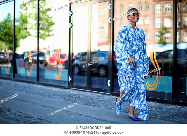 Blogger Janka Polliani walking outside the Lupe presentation party during Copenhagen Fashion Week - Aug 7, 2018 - Photo: Runway Manhattan ***For Editorial Use...