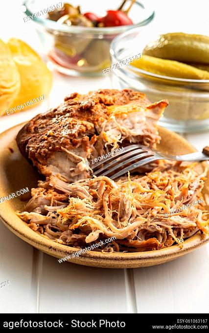Pulled pork meat on plate