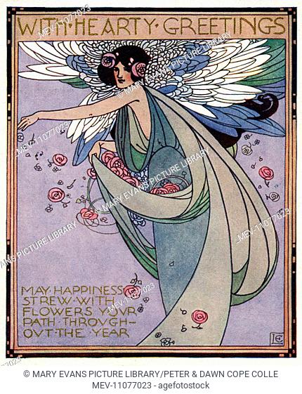 Flowers of happiness - May happiness strew with flowers your path throughout the year'. Goddess (possibly Chloris) strewing flowers from above