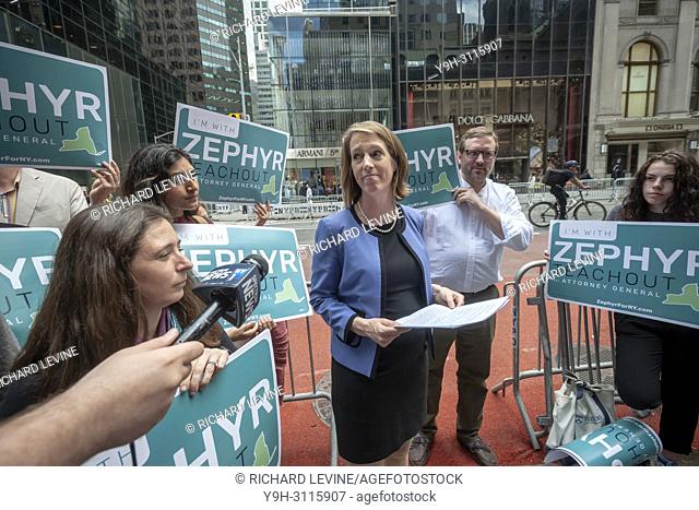 Standing on Fifth avenue by Trump Tower Democratic NYS Zephyr Teachout joins supporters on Tuesday, June 5, 2018 as she announces that she is joining the field...