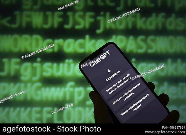 Theme photo, symbol photo ChatGPT (Generative Pre-trained Transformer). Software from ChatGPT on a smartphone. ?. - Munich/Bayern/Deutschland