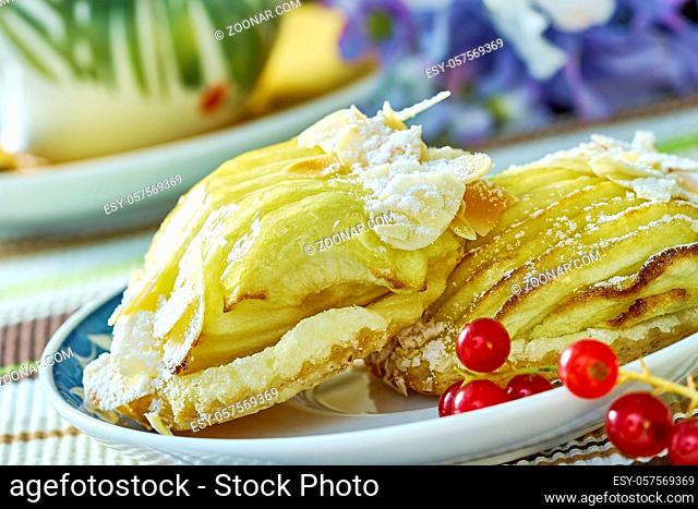 apple cheesecake with cup of tea sweet dessert still life apple cheesecake with cup of tea sweet dessert red currant still life