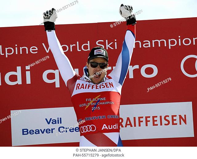 Gold medal winner Patrick Kueng of Switzerland reacts after the mens downhill at the Alpine Skiing World Championships in Vail - Beaver Creek, Colorado, USA
