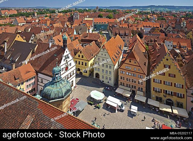 View from the town hall tower to the Ratstrinkstube on the market square, Rothenburg ob der Tauber, Middle Franconia, Bavaria, Germany