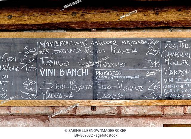 Wineboard in the Osteria BancoGiro bar, Venice, Venezia, Italy, Europe