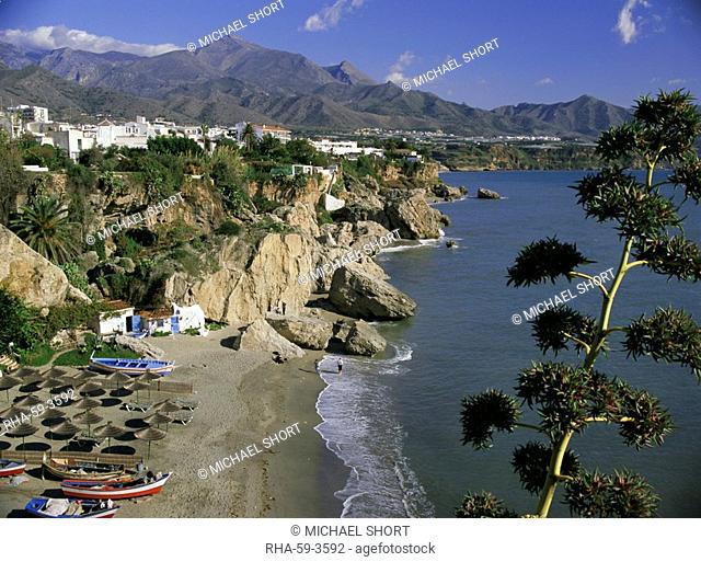 Salon Beach from Balcon de Europe, Nerja, Andalucia Andalusia, Spain, Europe