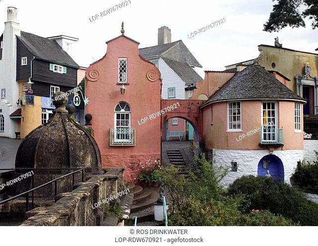 Wales, Gwynedd, Portmeirion, Portmeirion Village, an Italianate village designed by Clough Williams-Ellis. Portmeirion is famously known as the location of the...