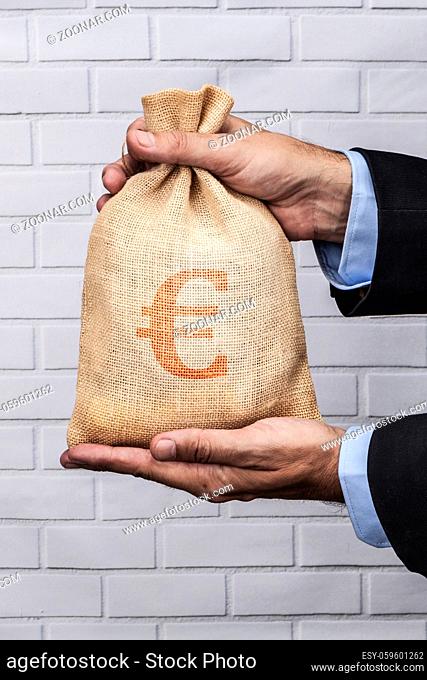 Hands holding a sack of money and white brick background