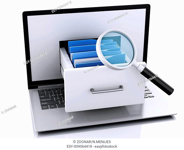 Data storage. Laptop and files 3d