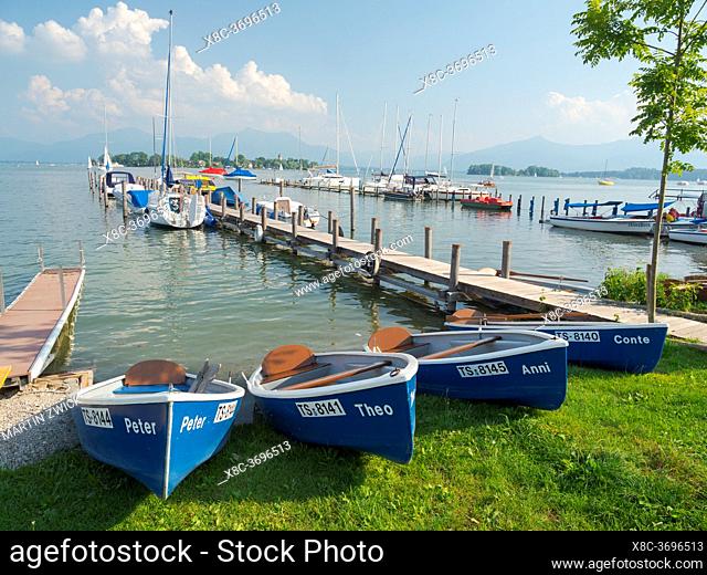 Lake Chiemsee in the Chiemgau. The foothills of the Bavarian Alps in Upper Bavaria, Germany